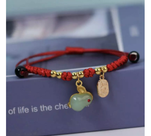 Браслет Нефритовий місячний Небесний Кролик на червоній нитці з позолотою 24 каратів приносить любов, удача Тибет