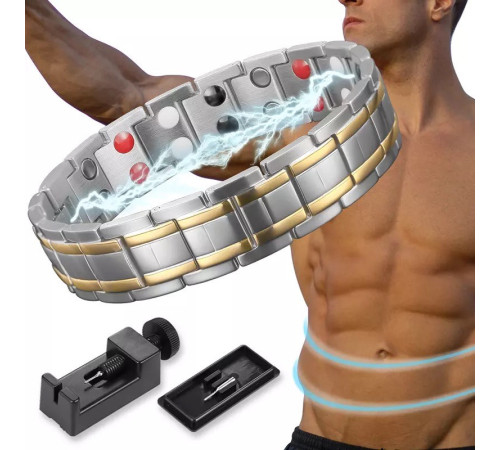 Магнітний турмаліновий браслет 5в1 титановий із позолотою для здоров'я, енергії та сил