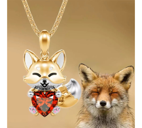 Золота підвіска Лиса з червоним турмаліновим серцем  для любові та удачі в сім'ї