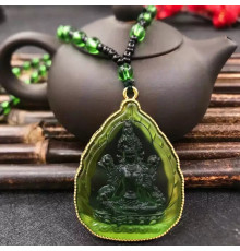 Турмалінова з нефритом підвіска Зелена Богиня Тара в золотій оправі для швидкого успіху та захисту Непал
