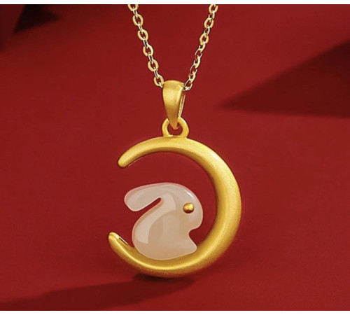 Золота нефритова підвіска кролик на місяці для багатства, процвітання здоров'я 24К