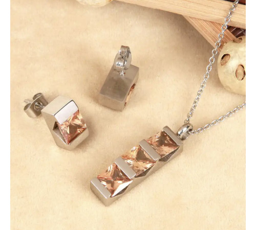 Титановий комплект кольє та сережки із золотими цитринами