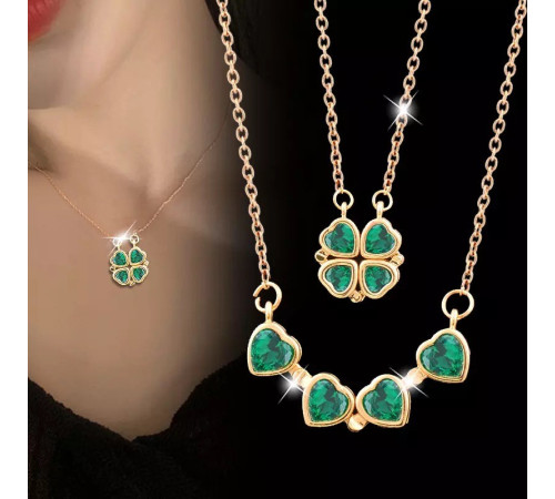 Золота підвіска Чотирилиста конюшина із зеленим турмаліном і магнітами грошовий талісман для удачі