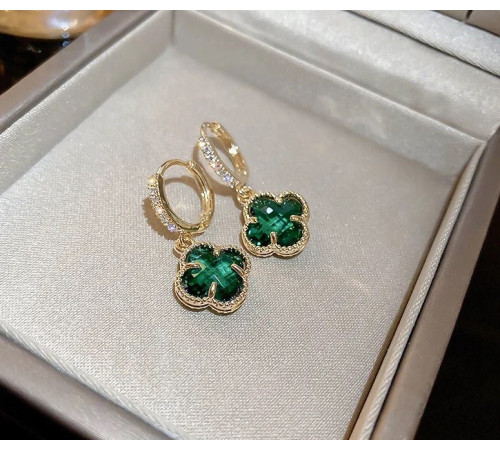 Позолочені сережки з Чотирилистним Клевером із зеленим турмаліном для удачі