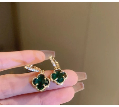 Позолочені сережки з Чотирилистним Клевером із зеленим турмаліном для удачі