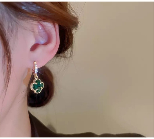 Позолочені сережки з Чотирилистним Клевером із зеленим турмаліном для удачі