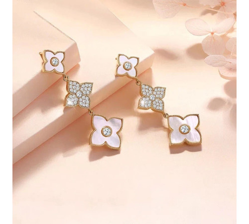 Позолочені Сережки з Чотирилистним Клевером і фіанітами для удачі