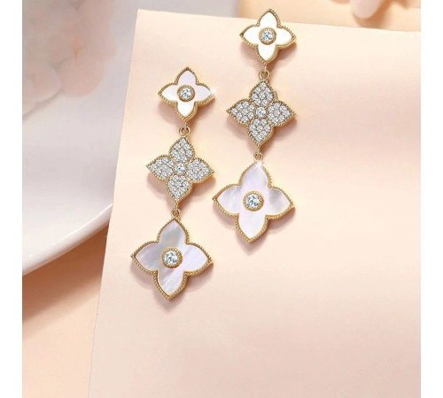 Позолочені Сережки з Чотирилистним Клевером і фіанітами для удачі