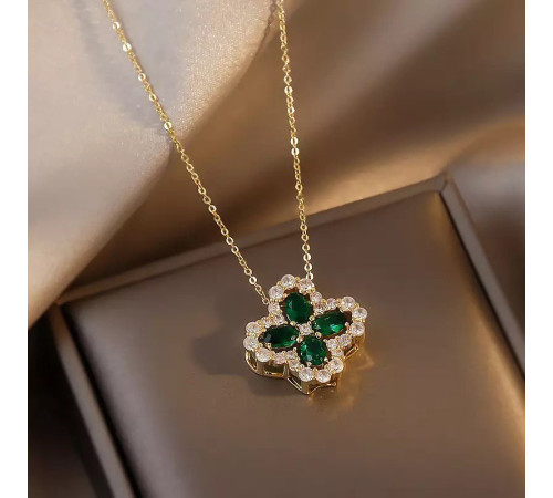 Золота підвіска з Чотирилистним зеленим Клевером із турмаліном і фіанітами для удачі