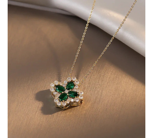 Золота підвіска з Чотирилистним зеленим Клевером із турмаліном і фіанітами для удачі