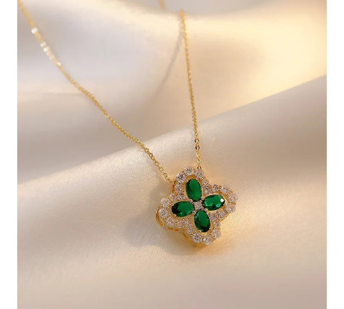 Золота підвіска з Чотирилистним зеленим Клевером із турмаліном і фіанітами для удачі