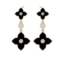 Золоті Сережки з Чотирилистним Клевером із фіанітами для удачі в чорному кольорі