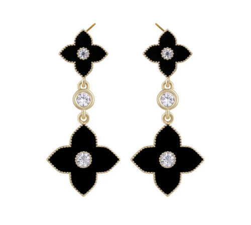 Золоті Сережки з Чотирилистним Клевером із фіанітами для удачі в чорному кольорі