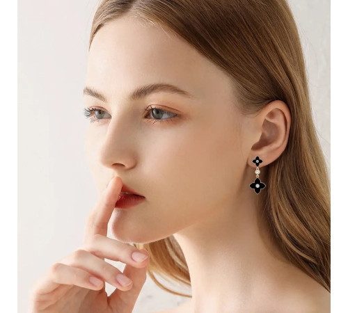 Золоті Сережки з Чотирилистним Клевером із фіанітами для удачі в чорному кольорі