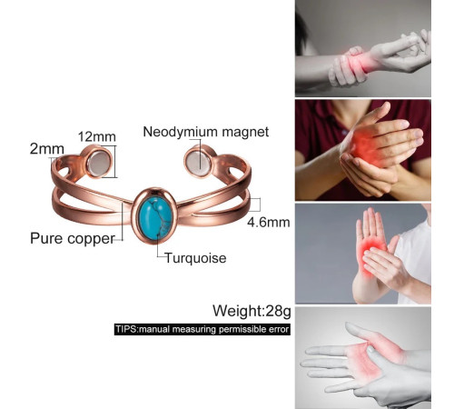 Мідний турмаліновий браслет із бірюзою та магнітами для нормалізації тиску та зміцнення імунітету