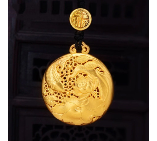 Золота підвіска Півонії з Рибою для процвітання і сили мовлення й любові, удачі з символом Фук