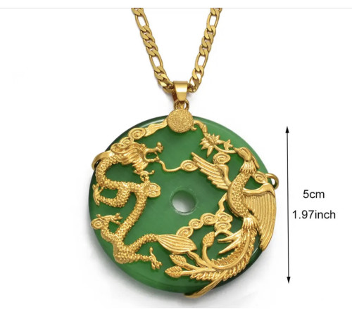 Золота Нефритова Підвіска Дракон і Фенікс для Любові, Удачі, Органії, Процвітання