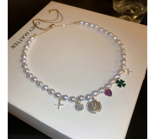 Підвіска Чокер Перлинне намисто з чотирилисним конюшиною зеленим і цирконій для модної дівчини для удачі