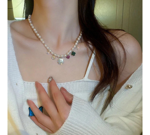 Підвіска Чокер Перлинне намисто з чотирилисним конюшиною зеленим і цирконій для модної дівчини для удачі