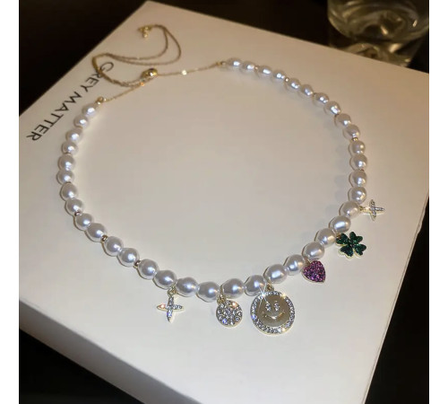 Підвіска Чокер Перлинне намисто з чотирилисним конюшиною зеленим і цирконій для модної дівчини для удачі