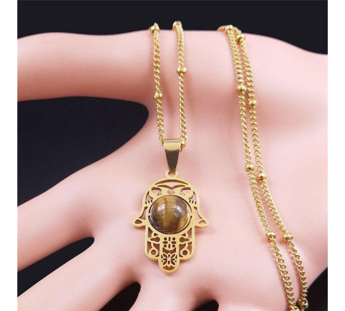 Золота підвіска Рука Фатіми Хамса з тигровим оком для захисту від сочка та залучення здоров'я
