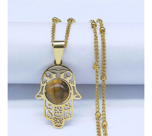 Золота підвіска Рука Фатіми Хамса з тигровим оком для захисту від сочка та залучення здоров'я