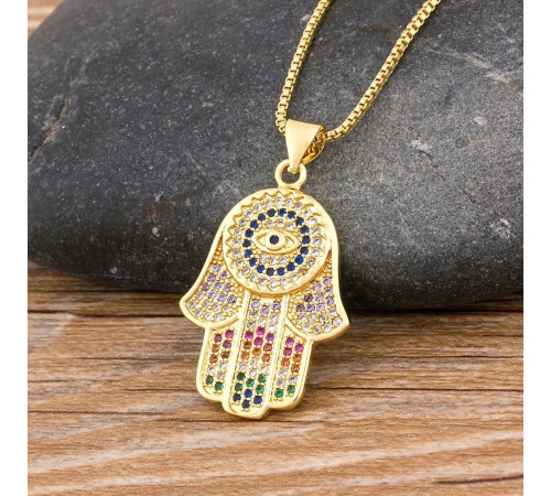 Золота підвіска Рука Фатіми Хамса з цирконієм клас ААА для захисту від сочка та залучення здоров'я