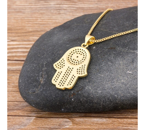 Золота підвіска Рука Фатіми Хамса з цирконієм клас ААА для захисту від сочка та залучення здоров'я