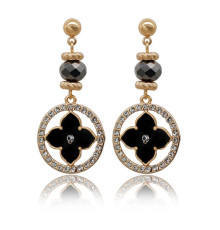 Золоті Сережки з Чотирилистним Клевером із гематитом і фіанітами для удачі в чорному кольорі із золотом