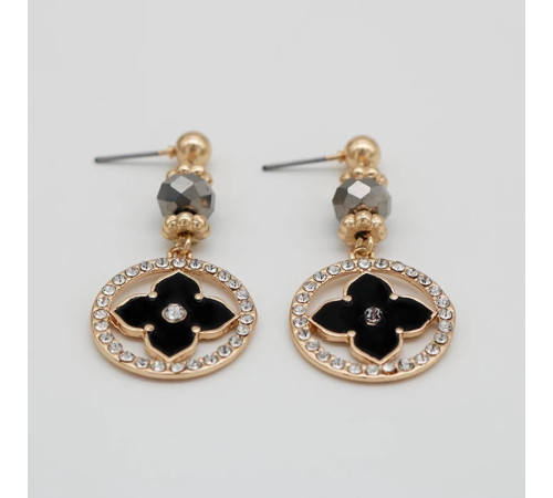 Золоті Сережки з Чотирилистним Клевером із гематитом і фіанітами для удачі в чорному кольорі із золотом