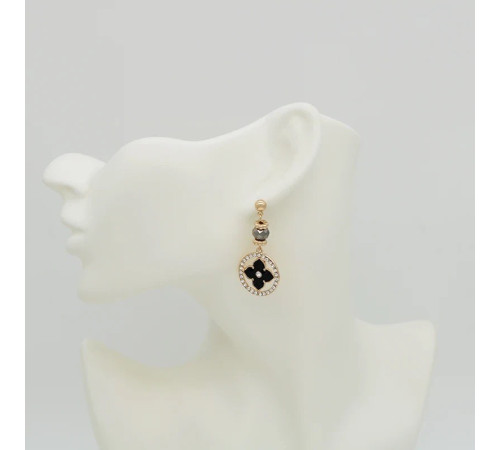 Золоті Сережки з Чотирилистним Клевером із гематитом і фіанітами для удачі в чорному кольорі із золотом