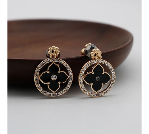 Золоті Сережки з Чотирилистним Клевером із гематитом і фіанітами для удачі в чорному кольорі із золотом