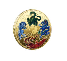 Золота монета Чотири сузір'я Зеленого Дракона, Білого Тигра, Чорної Черепахи й Багрового Фенікса для удачі