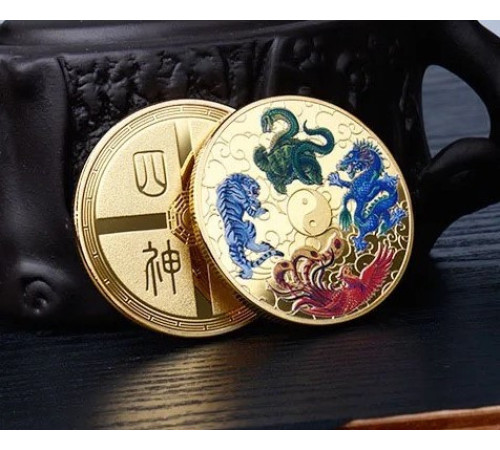 Золота монета Чотири сузір'я Зеленого Дракона, Білого Тигра, Чорної Черепахи й Багрового Фенікса для удачі