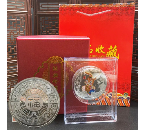 Срібна монета велика Кролик для успіху Багатства та Процвітання Талісман на Удачу з символом Фук