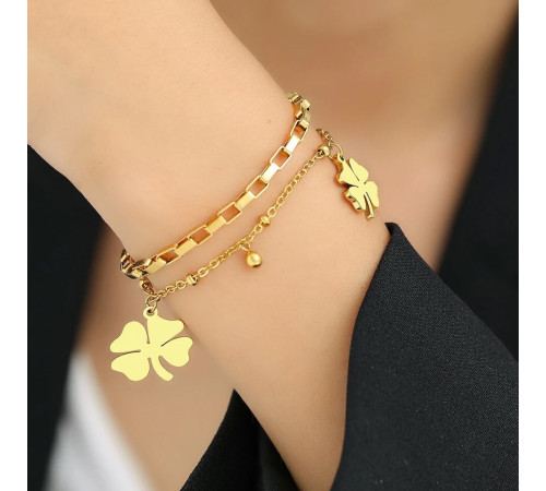 Золотий браслет широкий Чотирилистий Клевер на удачу