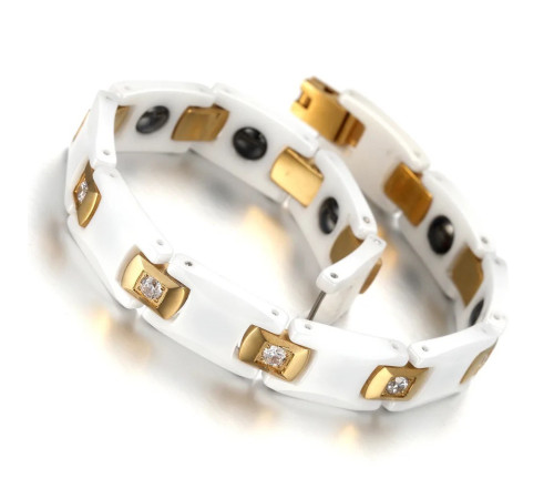 Турмаліновий білий браслет із германієм і магнітами та з камінням циркону 5в1