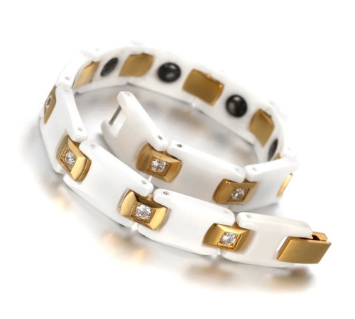 Турмаліновий білий браслет із германієм і магнітами та з камінням циркону 5в1