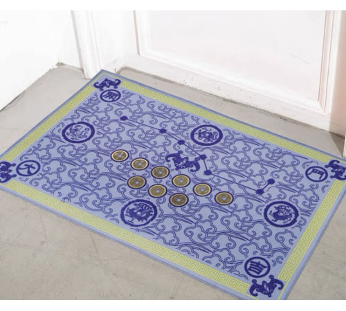 Придверний килимок для активації грошової енергії блакитний 9 китайських монет (число майбутнього процвітання) 80х50