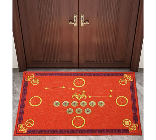 Килимок придверний червоний 9 китайських монет фен-шуй червоний великий 80х50 Процвітання дому