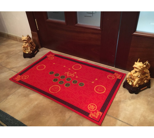 Грошовий килимок придверний червоний 9 китайських монет фен-шуй великий Процвітання будинку 80х50
