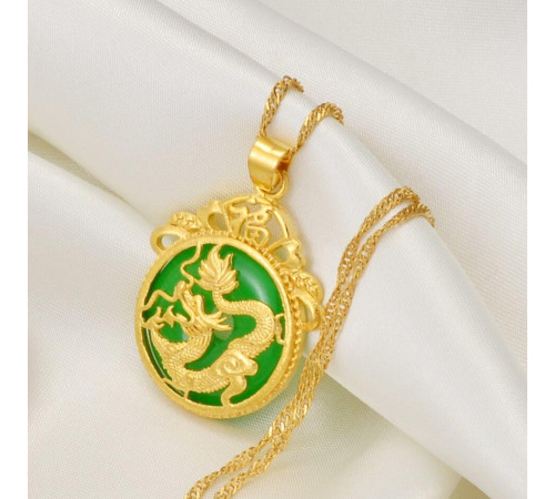 Золота підвіска Смарагдовий Дракон із зеленим обсидіаном влади, багатства, сили, відваги, справедливості