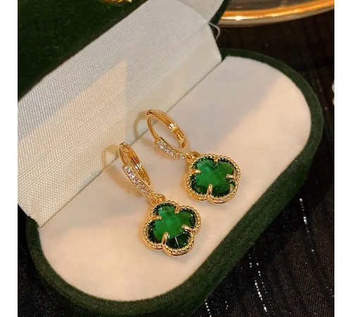 Позолочені Сережки з Чотирилистним Клевером із зеленим турмаліном для щастя