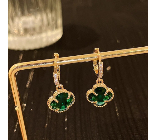 Позолочені Сережки з Чотирилистним Клевером із зеленим турмаліном для щастя