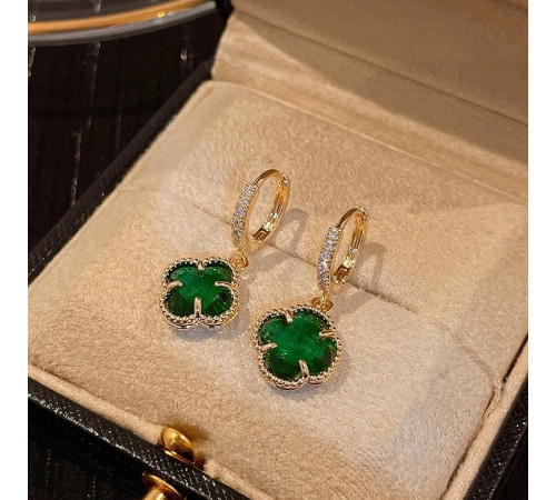 Позолочені Сережки з Чотирилистним Клевером із зеленим турмаліном для щастя