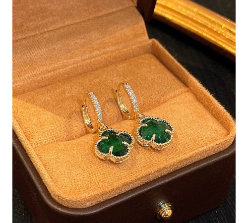 Позолочені Сережки з Чотирилистним Клевером із зеленим турмаліном для щастя