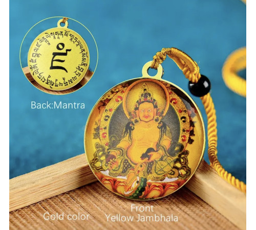 Тибетська підвіска Жовтий Джамбала Бурштиновий — тибетський бог багатства з мантрою