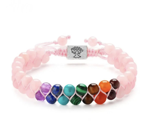 Тибетський браслет Життєвої Сили 7 Чакр для захисту та любові з рожевого агату