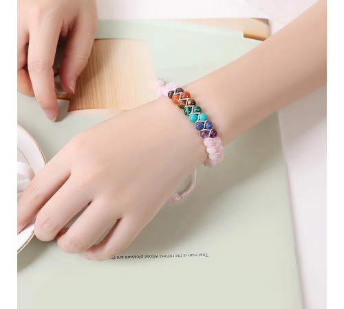 Тибетський браслет Життєвої Сили 7 Чакр для захисту та любові з рожевого агату