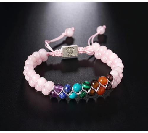 Тибетський браслет Життєвої Сили 7 Чакр для захисту та любові з рожевого агату